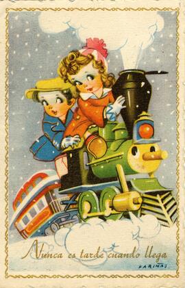 Ilustración en color, enmarcada con una orla dorada, de dos niños montados sobre una locomotora d...