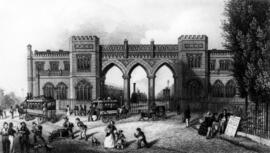Grabado en blanco y negro titulado "Estación de Róterdam".