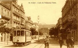 Postal de la calle de Policarpo Sanz de Vigo, con tranvía de los Tranvías Eléctricos de Vigo S.A.