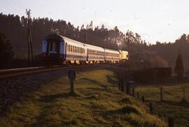 Locomotora diésel - eléctrica serie 319 de RENFE remolcando el Estrella Galicia, en la línea de B...