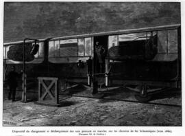 Grabado en blanco y negro titulado "Dispositivo de carga y descarga de sacos postales en mar...