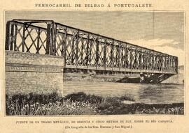 Grabado. Dibujo en B/N titulado ´El ferrocarril de Bilbao a Portugalete: puente de un tramo metál...