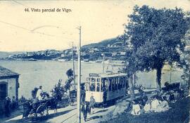 Postal con una vista parcial de Vigo, con tranvía de los Tranvías Eléctricos de Vigo S.A.