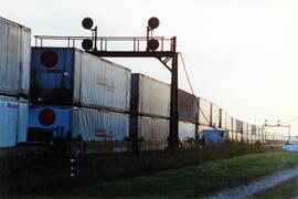 Edelstein (Illinois). Vista de una composición de mercancías. En cabeza las locomotoras SP-9743 y...