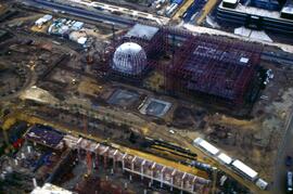 Vista aérea de las obras de construcción de Brazatortas en la línea de alta velocidad de Madrid a...