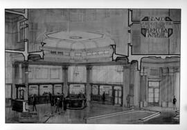 Reproducción fotográfica de una ilustración del interior del edificio proyectado para el Banco Pa...