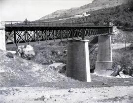 Viaducto metálico de 3 tramos y 103 m sobre el río Bailón, con vigas de celosía enrejillada, situ...