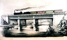 Grabado iluminado del puente metálico sobre el canal del Manzanares y una composición del Ferroca...