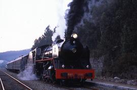 Locomotora de vapor 141F-2111 Mikado del Museo del Ferrocarril de Galicia realizando el trayecto ...