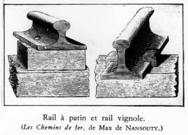 Dibujo en blanco y negro de un raíl a patín y un raíl a vignole. (Los Ferrocarriles, de Max de Na...
