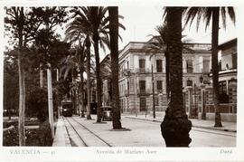 Vista de la avenida de Mariano Aser de Valencia, y de un tranvía al fondo