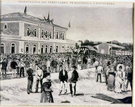 Grabado en blanco y negro titulado ´Inauguración del ferrocarril de Redondela a Pontevedra´