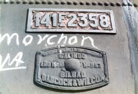 Placa de matriculación y fabricación de la locomotora de vapor 141 F - 2358 de RENFE  (serie 141F...