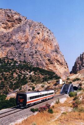 Tren regional TRD RENFE a la salida de un túnel de montaña