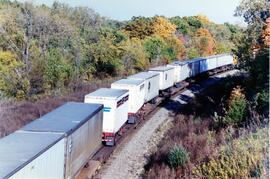 Edelstein (Illinois). Atchison, Topeka and Santa Fe Railway. Vista de una composición de mercancí...