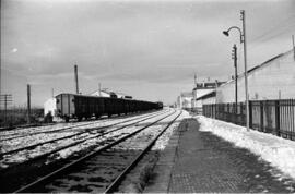 Composición de mercancías de RENFE, formada por vagones TRANSFESA y remolcada por locomotora diés...