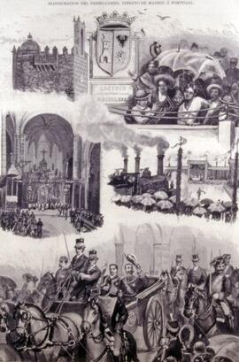 Grabado en blanco y negro titulado ´Inauguración del ferrocarril directo de Madrid a Portugal´.