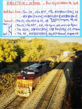 Vista de una composición de mercancías, circulando por la línea ATSF formando el tren nº 3. En ca...