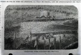 Reproducción de un grabado de 1860 que conmemora la inauguración en la ciudad de Tolosa de los tr...