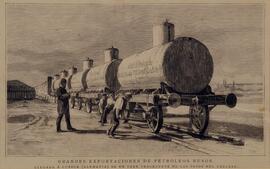 Grabado en blanco y negro titulado ´Grandes exportaciones de petróleos rusos´. ´Llegada a Lübeck ...