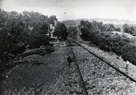 Vista de la vía en el período de renovación en el km 79,200 de la línea Zafra a Huelva