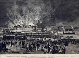 Grabado en blanco y negro titulado `Valladolid: incendio del taller de construcción de coches de ...