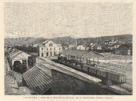 Grabado en blanco y negro titulado ´Cataluña: vista de la estación de Igualada, en el ferrocarril...