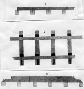 Tres dibujos en blanco y negro de distintos tipos de raíles y traviesas.