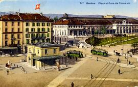 Vista de la plaza de Cornavin, de la estación central de Ginebra, situada en dicha plaza, y de do...