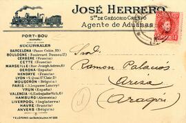 Postal ilustrada que inserta la tarjeta de visita del agente de aduanas en Portbou, José Herrero,...