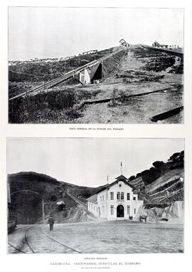 Grabado en blanco y negro titulado ´Barcelona. Ferrocarril funicular al Tibidabo´.