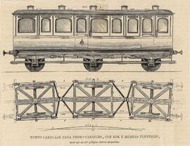 Grabado en blanco y negro titulado ´Nuevo carruaje para ferrocarriles, con eje y ruedas flexibles...