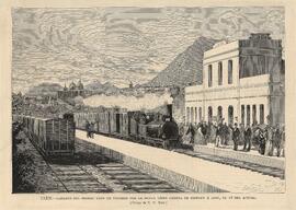 Grabado en blanco y negro titulado `Jaén. Llegada del primer tren de viajeros por la nueva línea ...