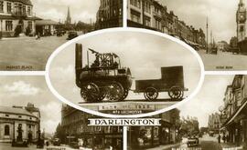 Vistas de la ciudad inglesa de Darlington, y en su parte central, la locomotora de vapor nº 1 Loc...