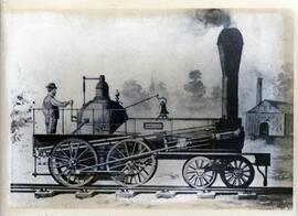Reproducción de un grabado de una locomotora de vapor tipo americano con rodaje 220, fabricada po...
