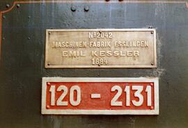 Placas de matriculación y construcción  de la locomotora de vapor 120 - 2131 de RENFE, (ex Oeste ...