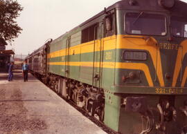 Locomotora diésel 321-061-4 (ex 2161) en la estación de Fuenlabrada. Al fondo puede observarse al...