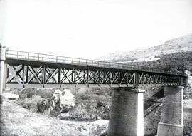 Viaducto metálico de 3 tramos y 103 m sobre el río Bailón, con vigas de celosía enrejillada, situ...