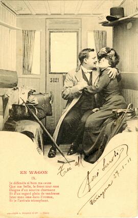 Interior de un coche de viajeros de 2ª Clase. Escena romántica