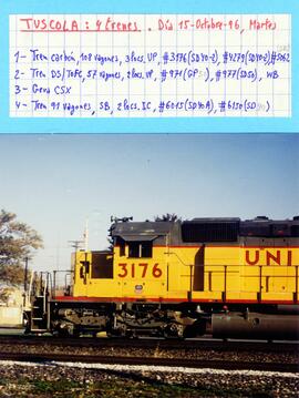 Vista parcial de la locomotora UP-3176 (SD40-2), del tren nº 1 pasando por Tuscola, Illinois.