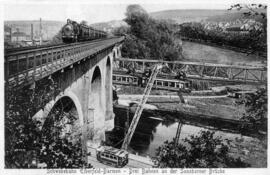 Tres medios de transporte y el puente de Sonnborner. Funicular aéreo de Elberfeld - Barmen.