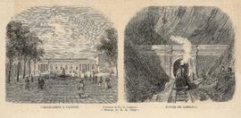 Dos grabados de recorte de prensa, dibujos en blanco y negro titulados ´Camino de hierro de Valen...