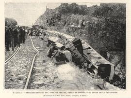 Grabado en blanco y negro titulado ´Bilbao. Descarrilamiento del tren de Lezama, cerca de Begoña....