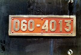 Placa de matriculación de la locomotora de vapor 060 - 4013 de RENFE, ex Central de Aragón nº 53