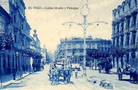 Postal de las calles Urzáiz y Príncipe de Vigo, con tranvías de los Tranvías Eléctricos de Vigo S.A.