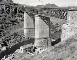 Puente metálico de tres tramos y 146 m, con vigas tipo Linville. Situado en el km 304,508 de la l...