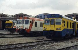 Automotores diésel de las series 597 (TER), 592 y 593 de RENFE, en el depósito de automotores de ...