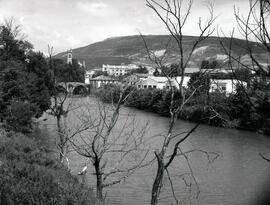 Estación de Pamplona. Edificios y dependencias anejas, y paisaje con el río Arga y puente.