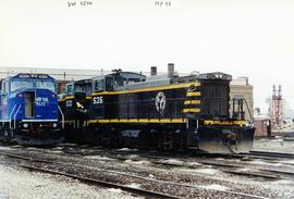 Vista de las locomotoras diesel BRC-530 (SW1500) y BRC-535 (MP15), de la Compañía Belt Railway of...