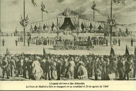 [En el reverso, el texto]: [Grabado] Nº 8. Ferrocarril de Madrid a Irún. Llegada del tren a San S...